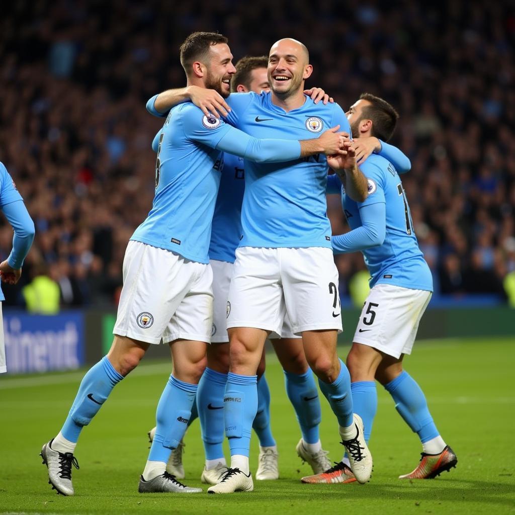 Erling Haaland celebrating a goal with his Manchester City teammates.