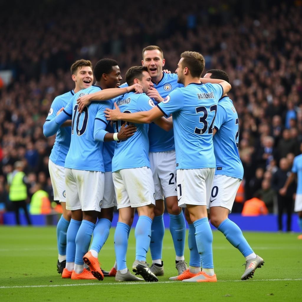 Haaland celebrating a goal with Manchester City teammates