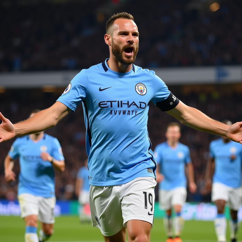 Erling Haaland celebrates a goal in a Manchester City jersey