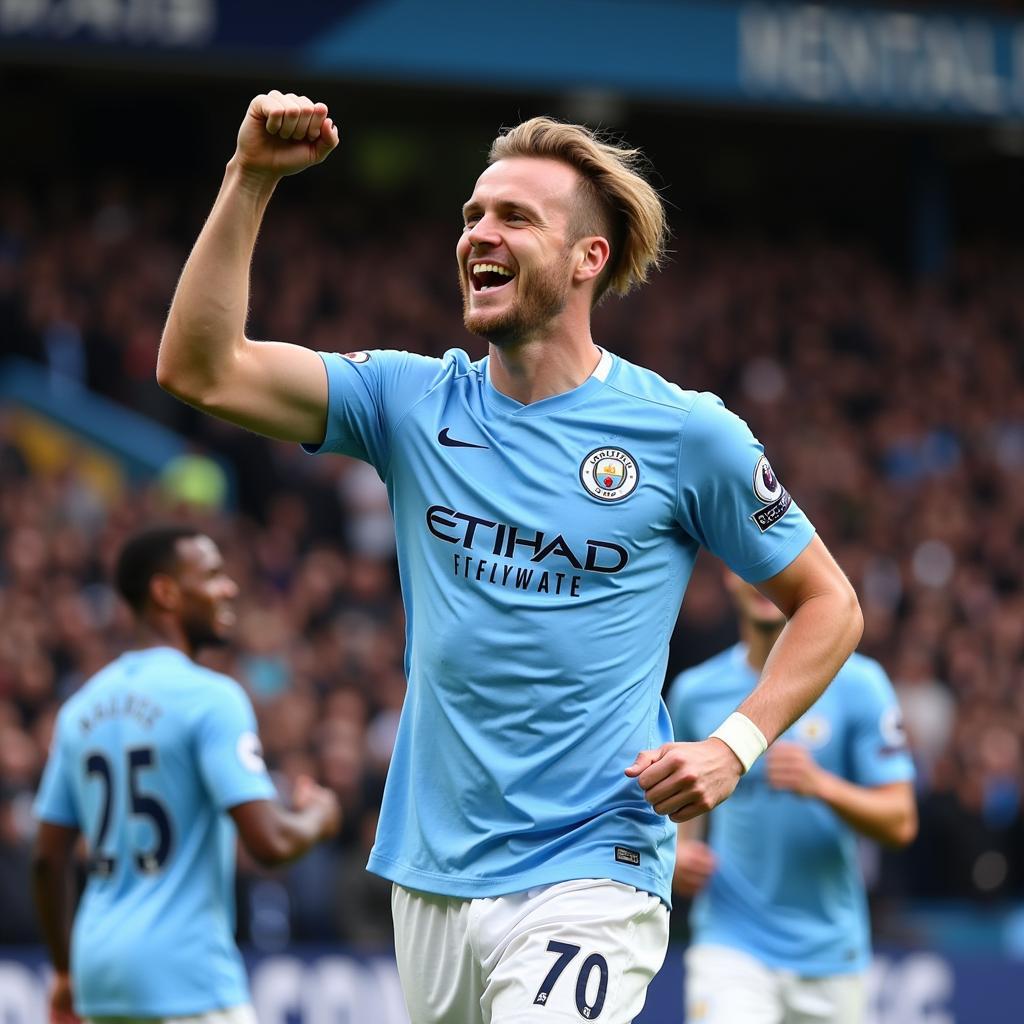 Haaland celebrating a goal in a Manchester City jersey