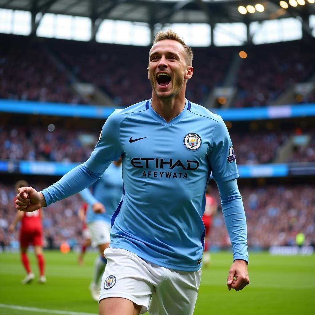 Haaland celebrating a goal in a Manchester City kit