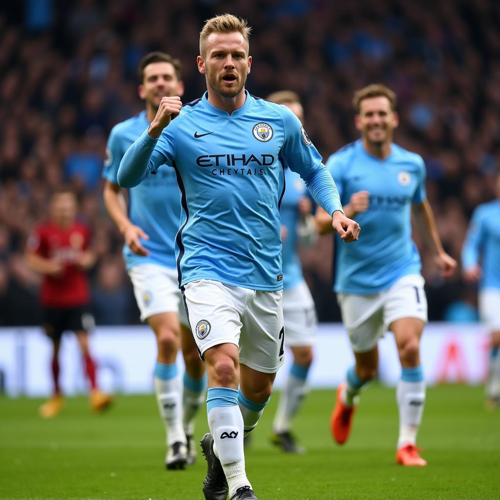 Haaland celebrating in a Manchester City Kit