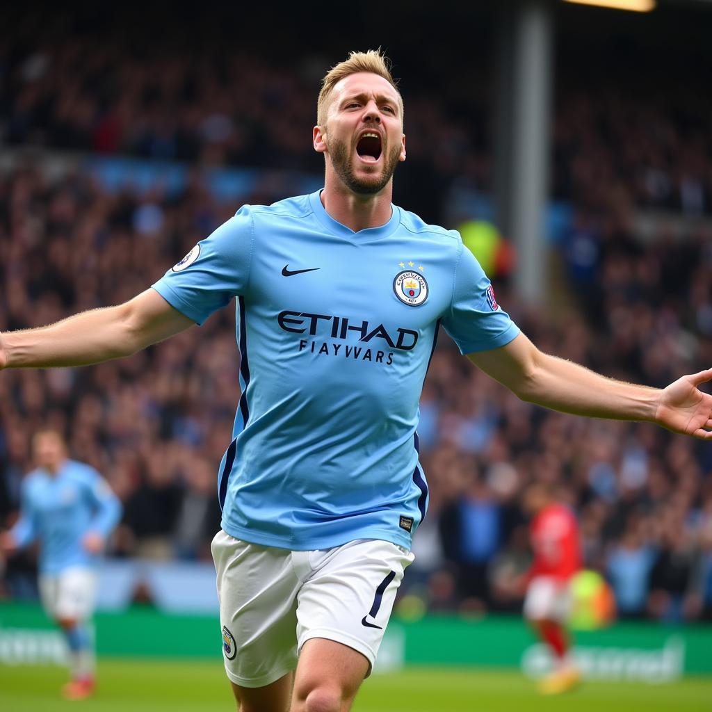 Haaland celebrating a goal in his Man City 22/23 kit