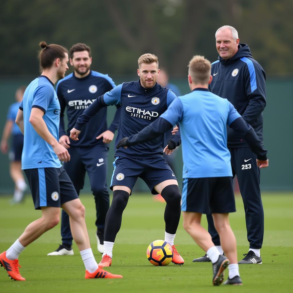 Erling Haaland training with his new Manchester City teammates.