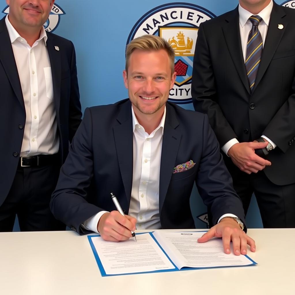 Erling Haaland signing his contract with Manchester City.