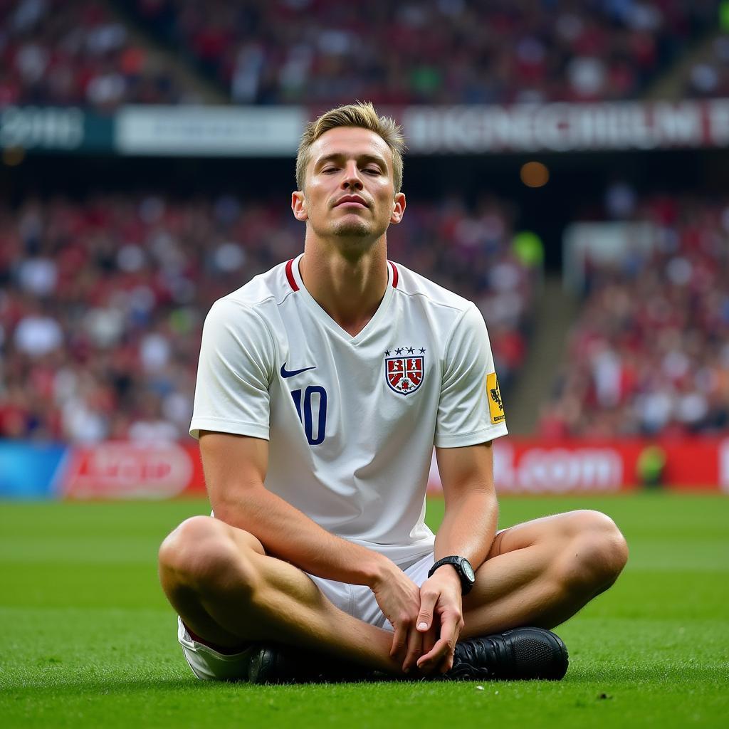 Erling Haaland performing his signature meditation celebration after scoring a goal.