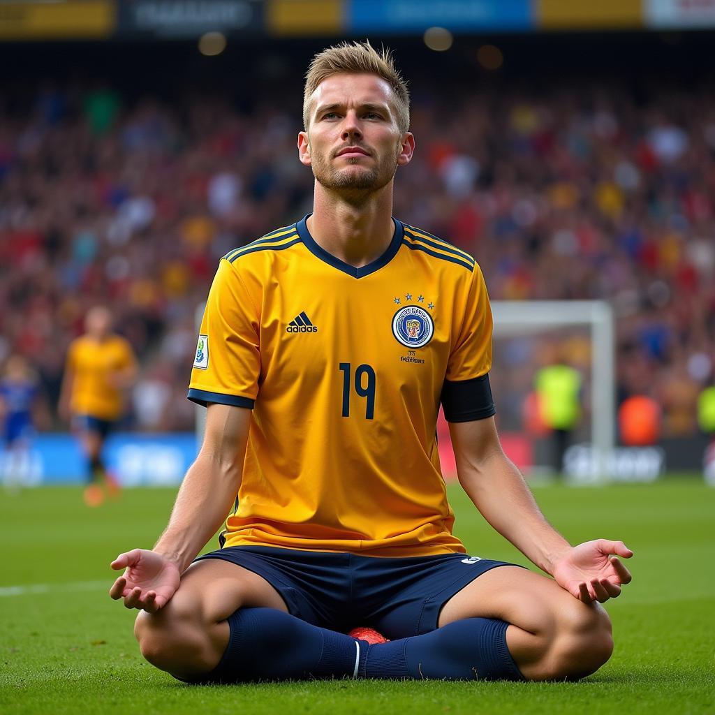 Erling Haaland performing his signature meditation celebration after scoring a goal