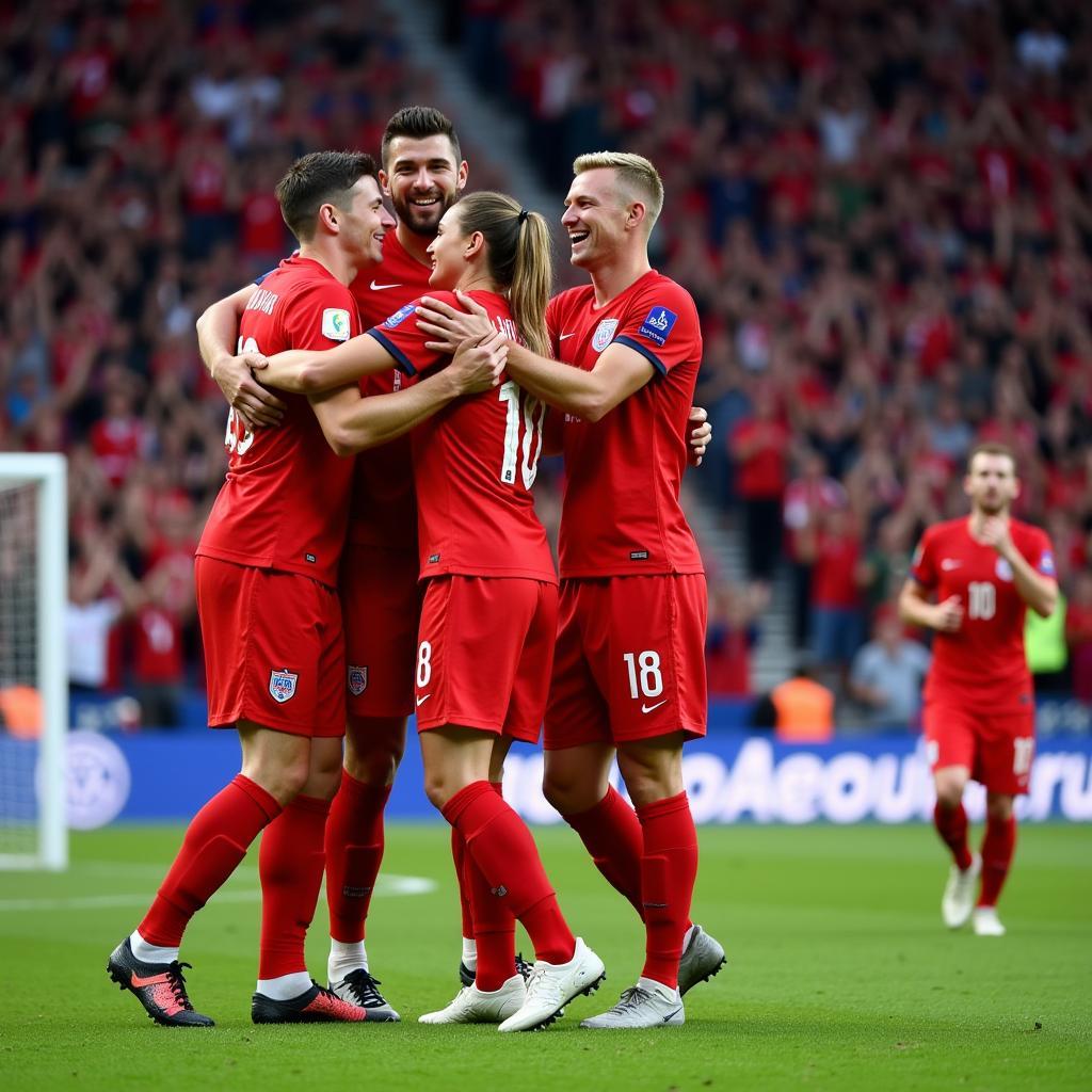 Erling Haaland celebrating a goal with Norway teammates