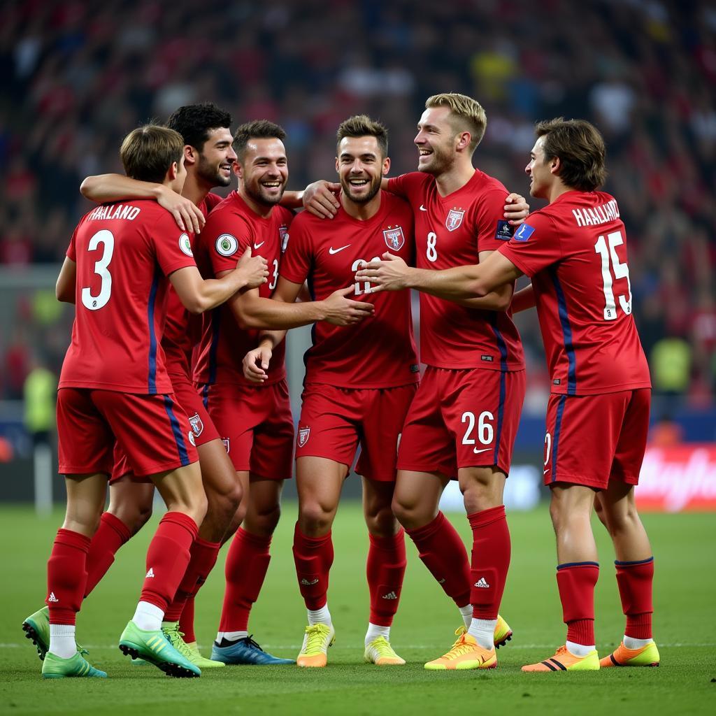 Haaland celebrating with Norway teammates