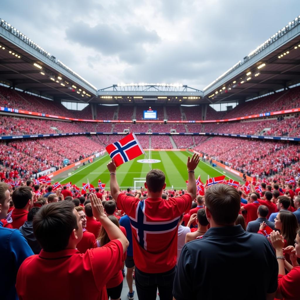 Haaland acknowledging Norwegian fans waving flags during an international match.