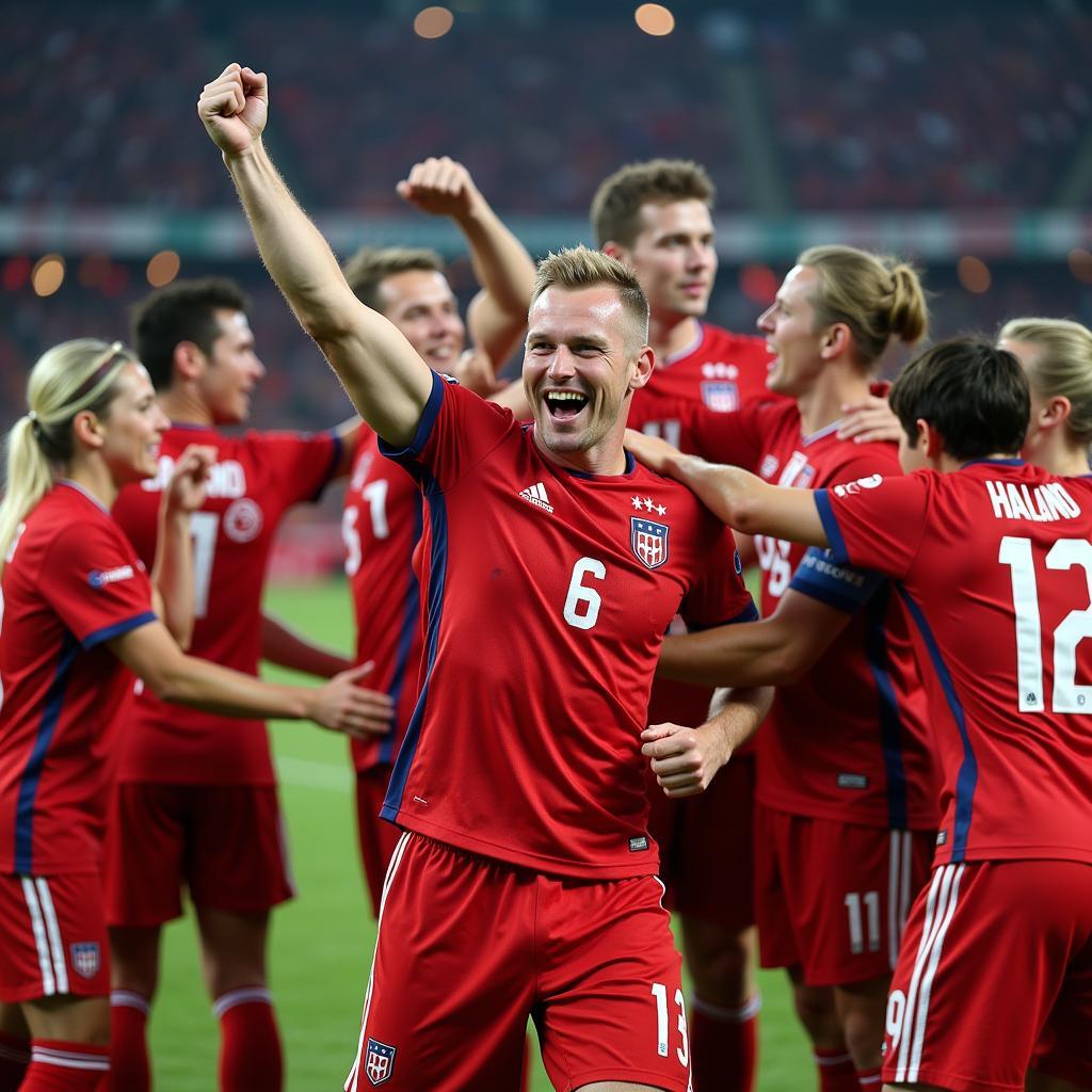 Haaland celebrates a goal with his Norway teammates