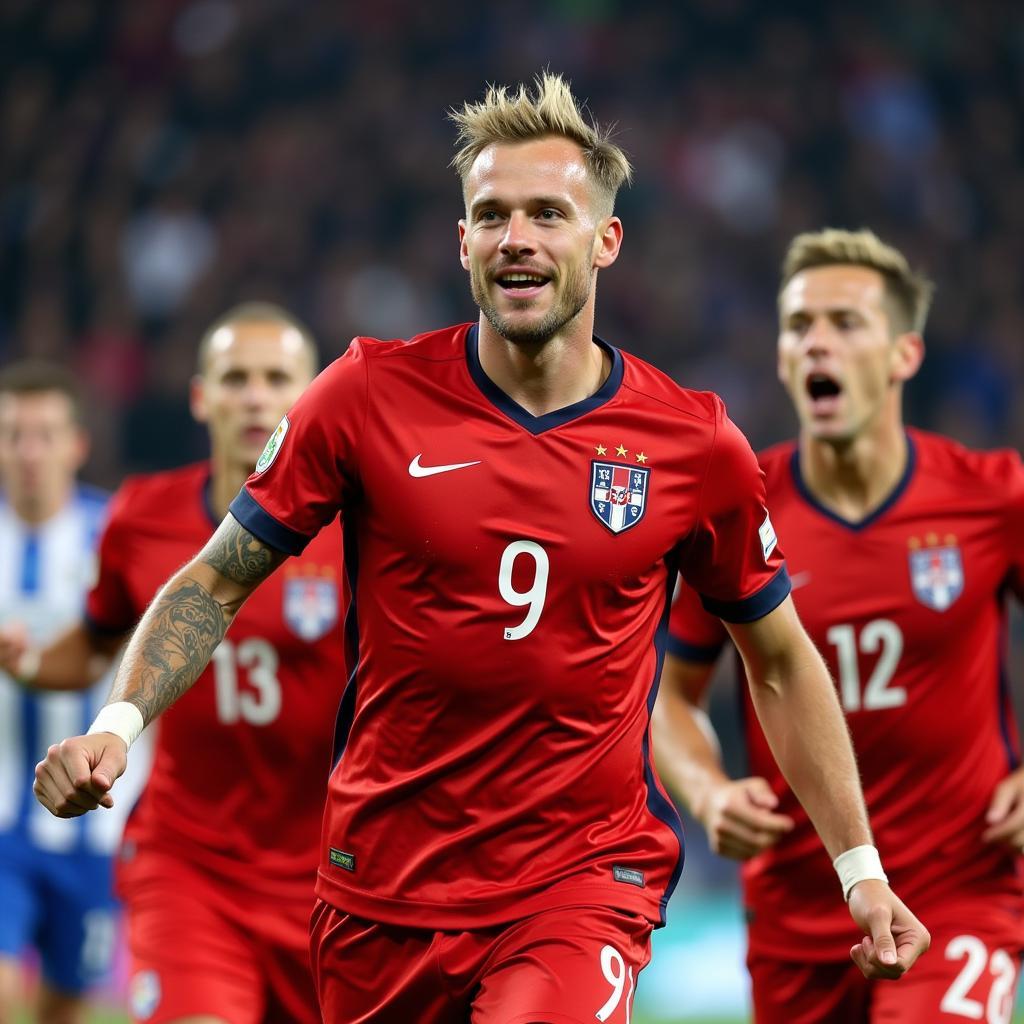 Erling Haaland celebrating a goal in his Norway number 9 jersey