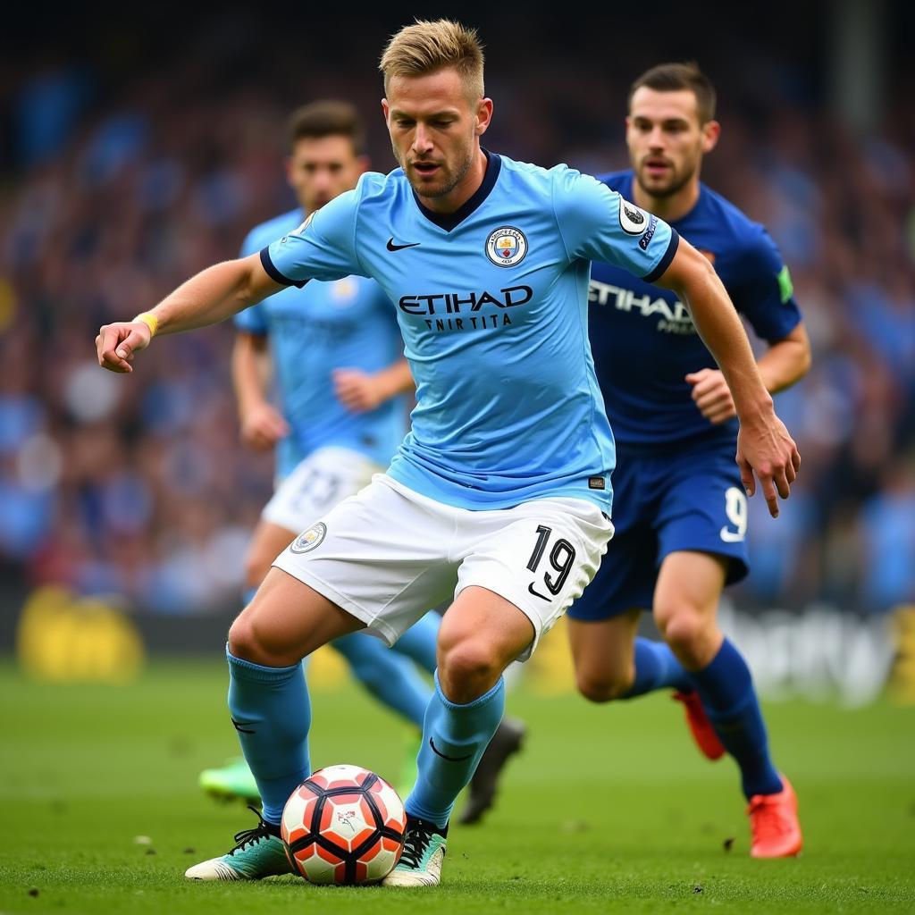 Erling Haaland in action for Manchester City wearing his number 9 jersey