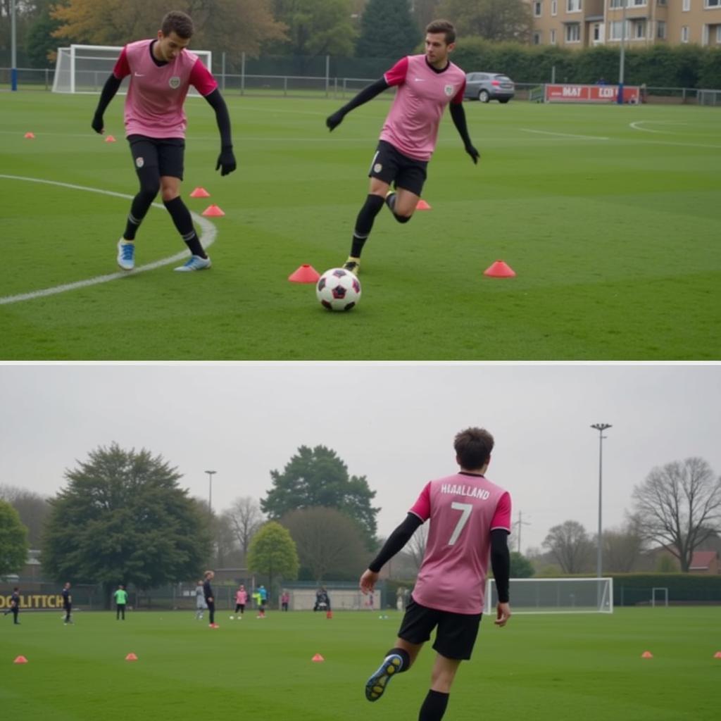 Erling Haaland practicing dribbling and shooting drills on the field