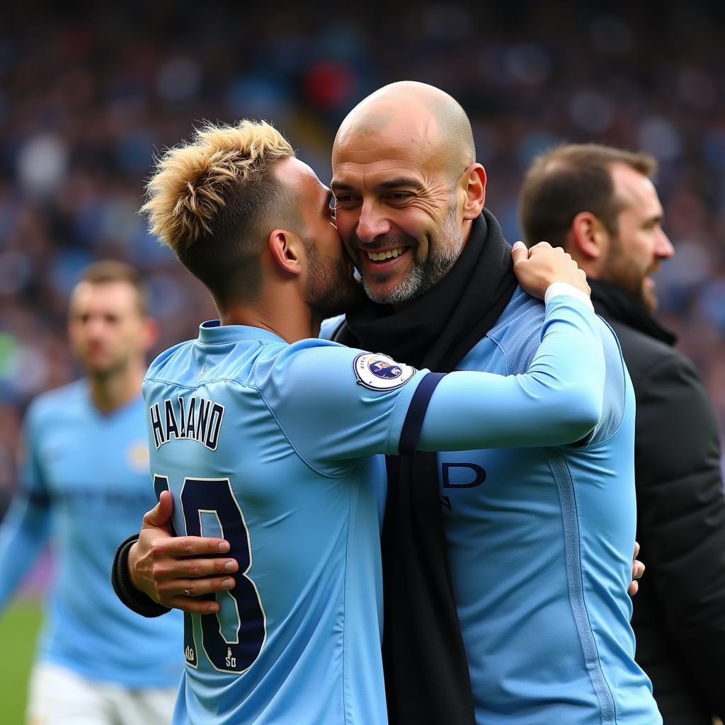 Haaland and Pep celebrating a goal