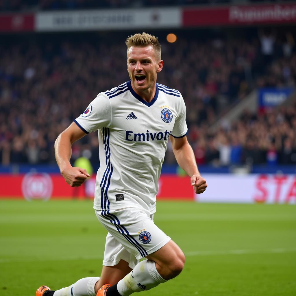 Haaland celebrating a goal after receiving his POTM award