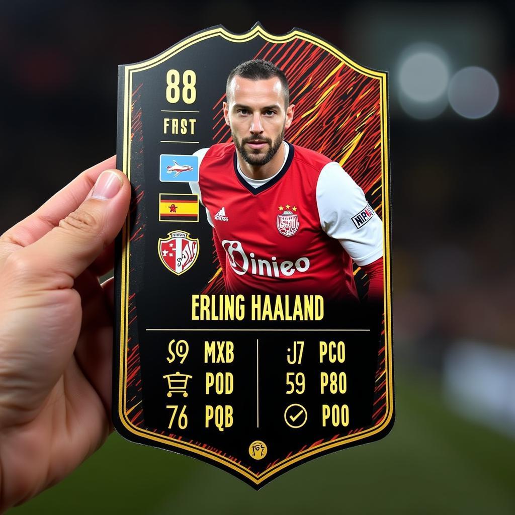 Close-up of Haaland's POTM FIFA 21 card showcasing his stats