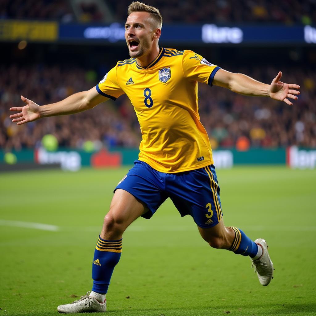 Erling Haaland celebrates a powerful strike and goal, showcasing his iconic celebration.