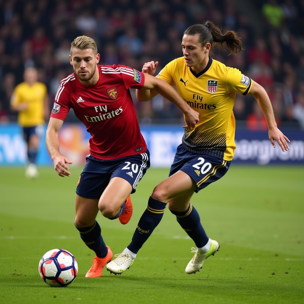 Haaland uses his strength and speed to power past a defender, demonstrating his physical dominance on the field.