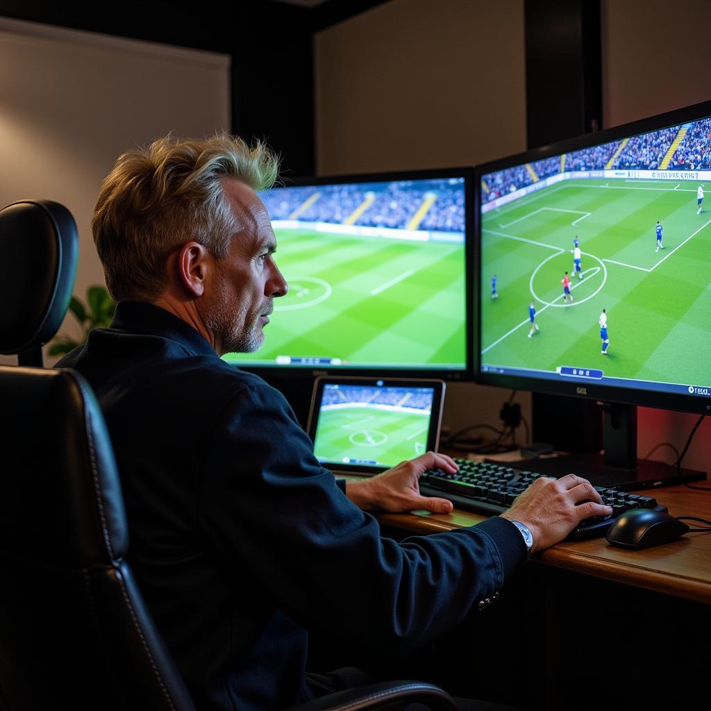 Erling Haaland studying Everton's game footage