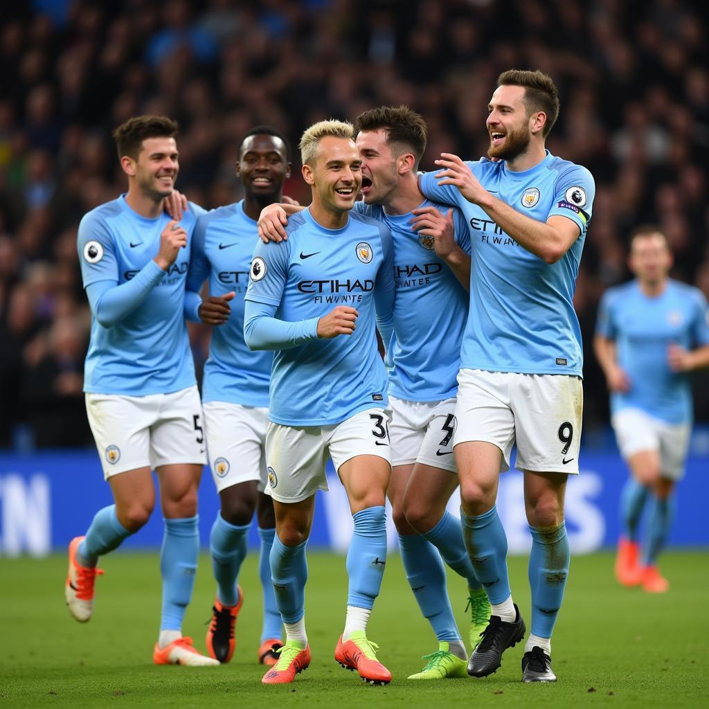 Haaland Celebrates a Premier League Goal with Manchester City Teammates