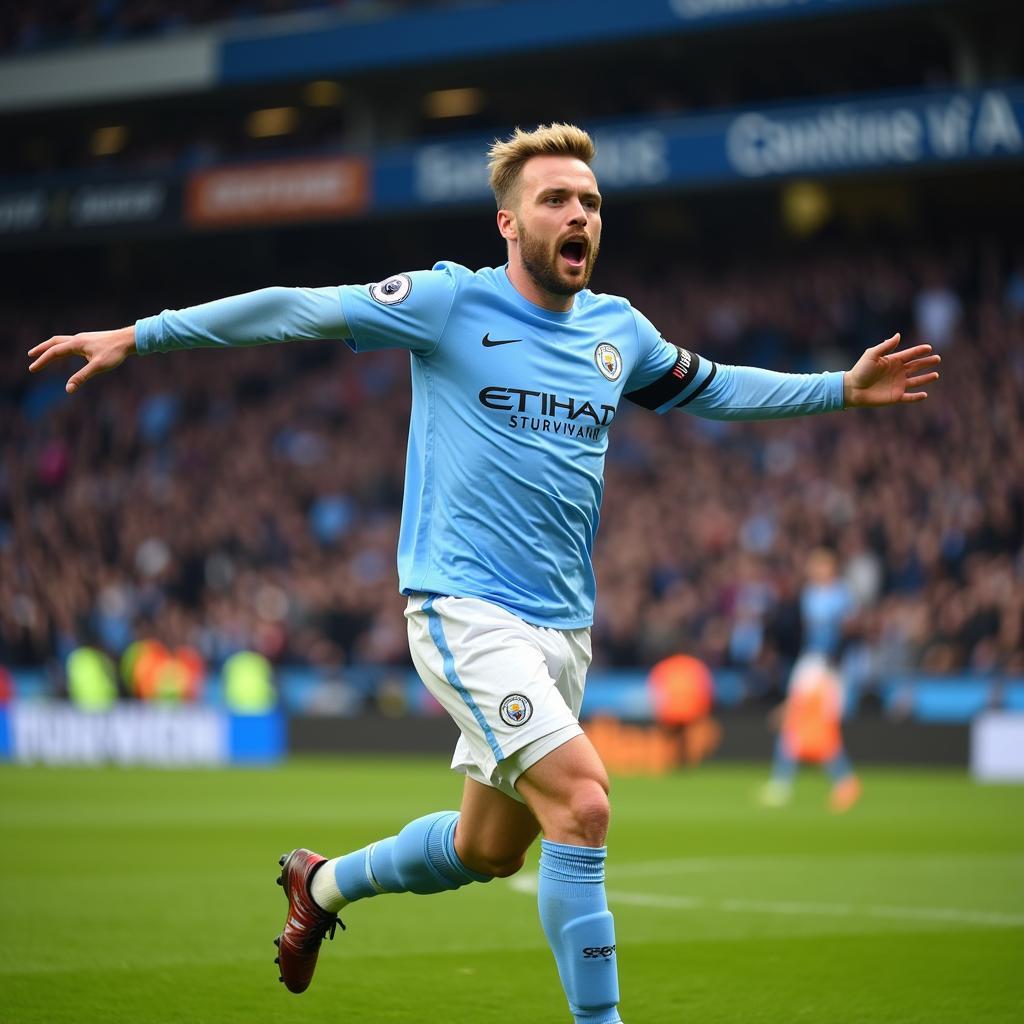 Erling Haaland celebrates a Premier League goal, highlighting his record-breaking stats in the league.