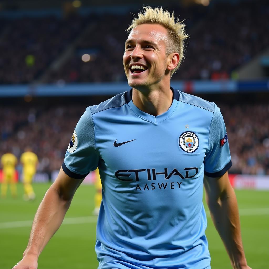 Haaland celebrating a goal in a Manchester City jersey in the Premier League