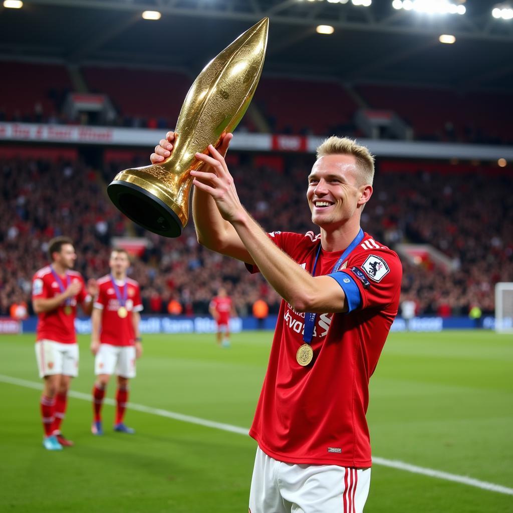 Haaland holding the Premier League Golden Boot award in 2023