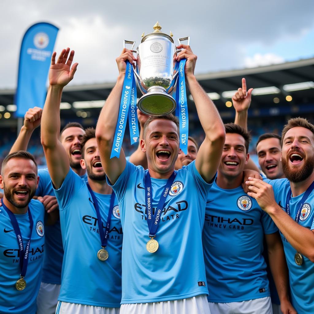 Erling Haaland lifting the Premier League trophy