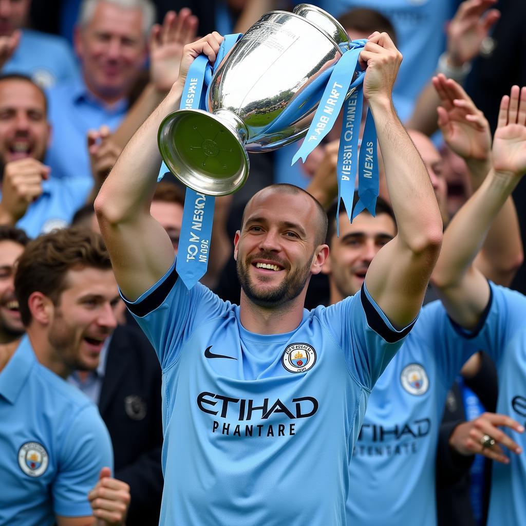 Erling Haaland lifting the Premier League trophy