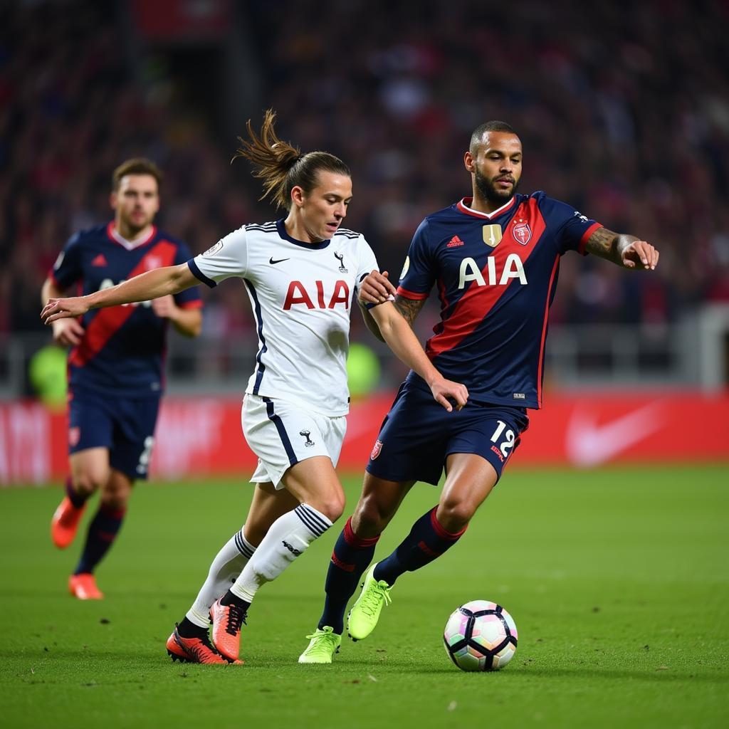 Haaland prepares to strike the ball against Tottenham Hotspur's defense.