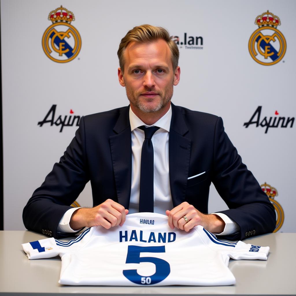 Erling Haaland at a press conference after signing for Real Madrid