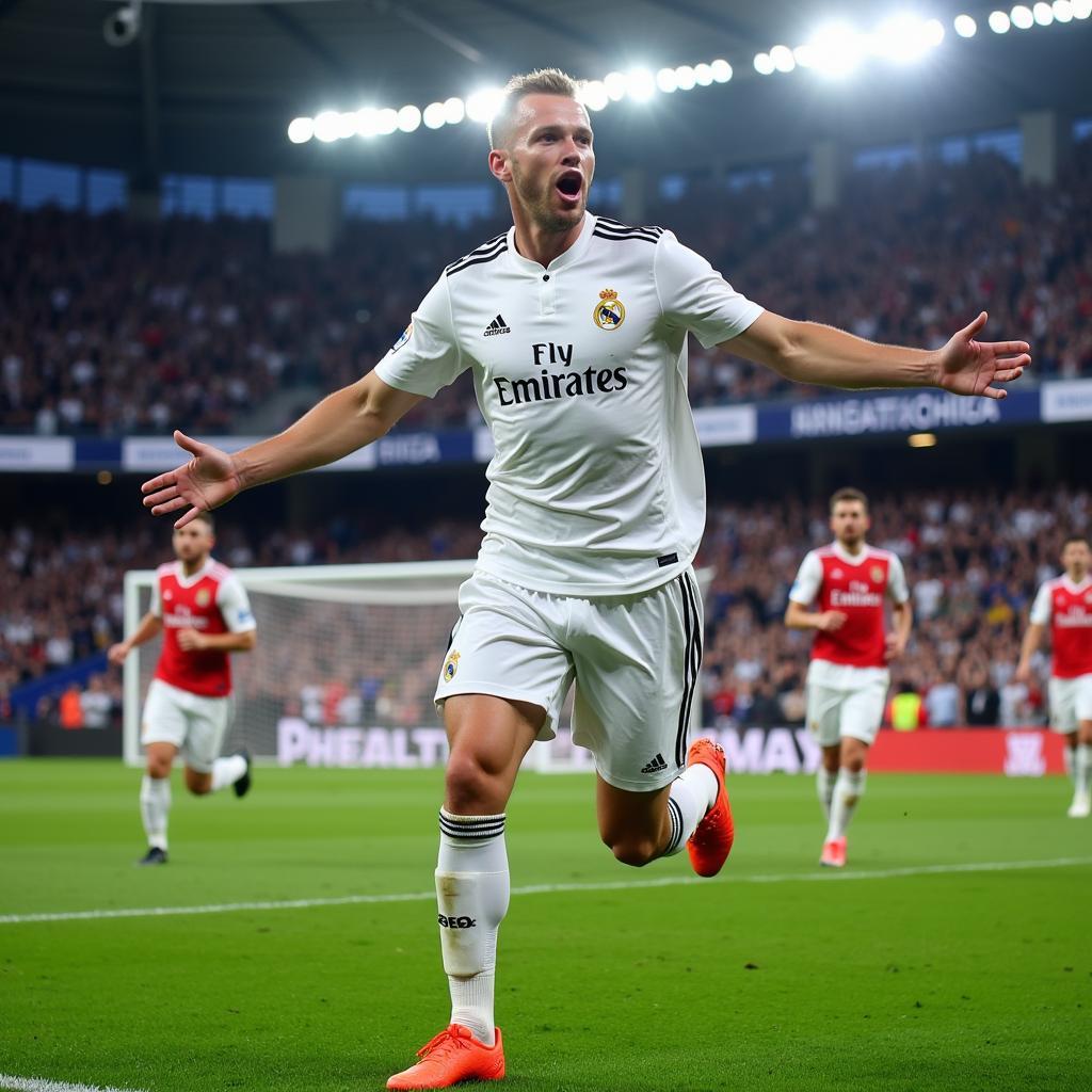 Erling Haaland celebrating a goal in a hypothetical Real Madrid kit