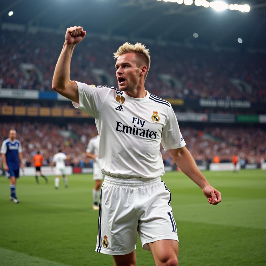 Haaland celebrates a goal in a Real Madrid jersey