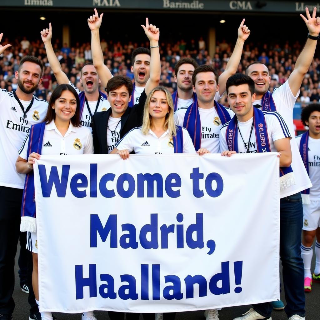 Real Madrid fans holding a banner welcoming Haaland