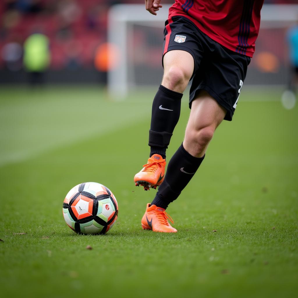 Close-up of Haaland's right foot making contact with the ball for a precise finish