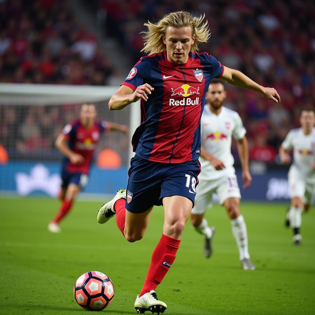 Haaland scoring a goal for Salzburg