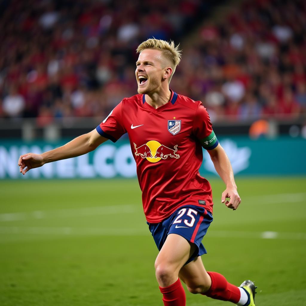 Haaland celebrating his first professional hat-trick for Red Bull Salzburg