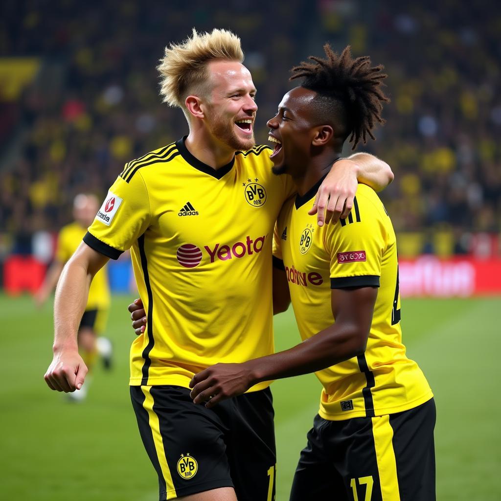 Haaland and Sancho celebrating a goal together