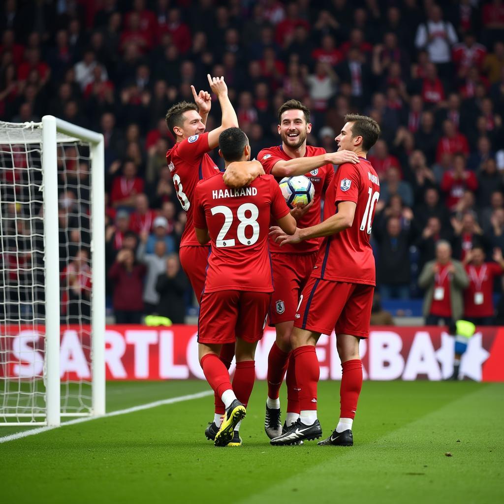 Haaland scoring a goal against RB Leipzig