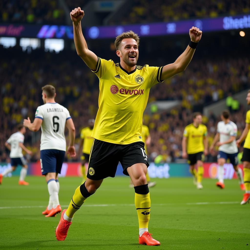 Haaland scoring a goal for Borussia Dortmund in 2022