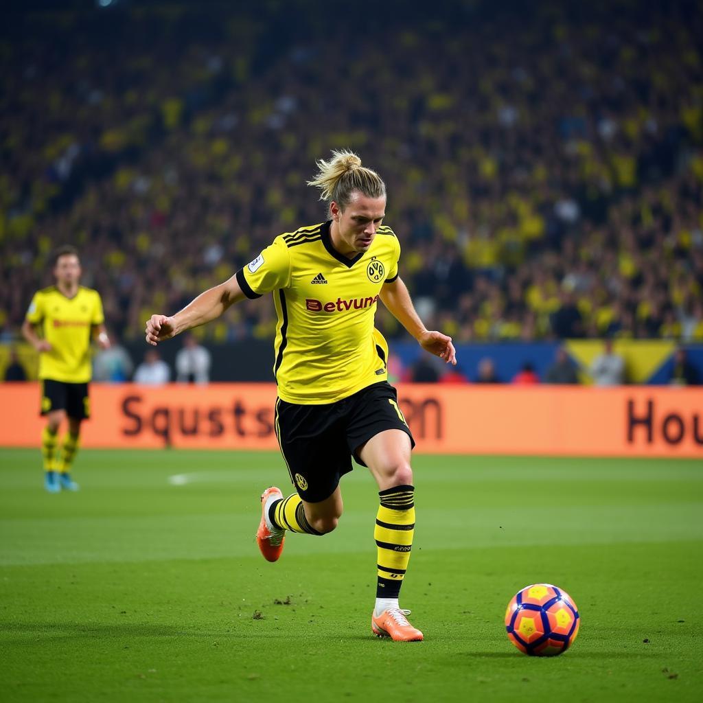 Erling Haaland scores a crucial goal for Borussia Dortmund in a Champions League match.