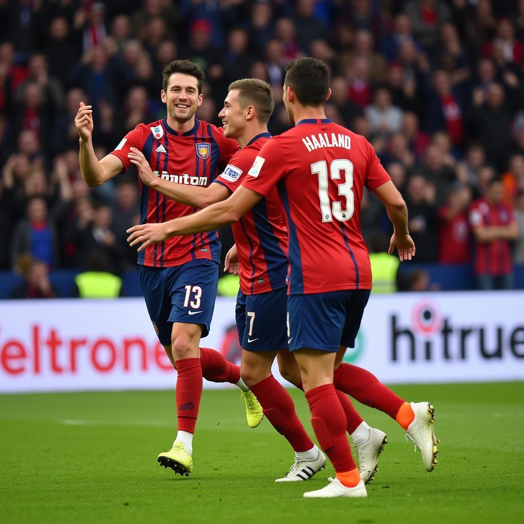 Haaland celebrating after scoring a goal, highlighting his speed and finishing ability.