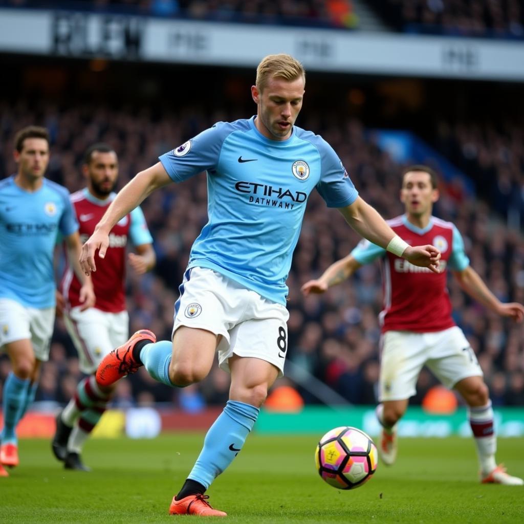 Erling Haaland scoring a goal for Manchester City.