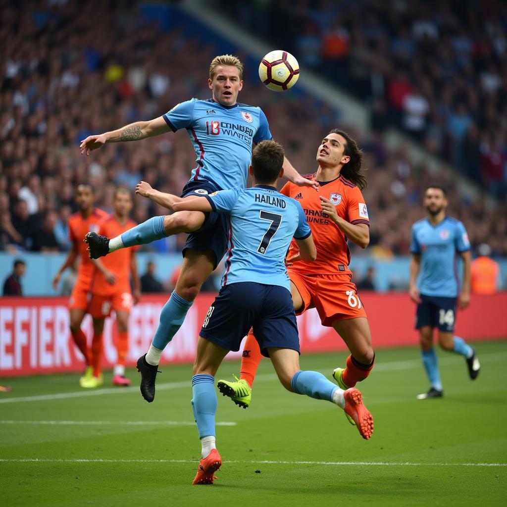 Haaland leaps high above the defenders to score a powerful header, demonstrating his aerial dominance.