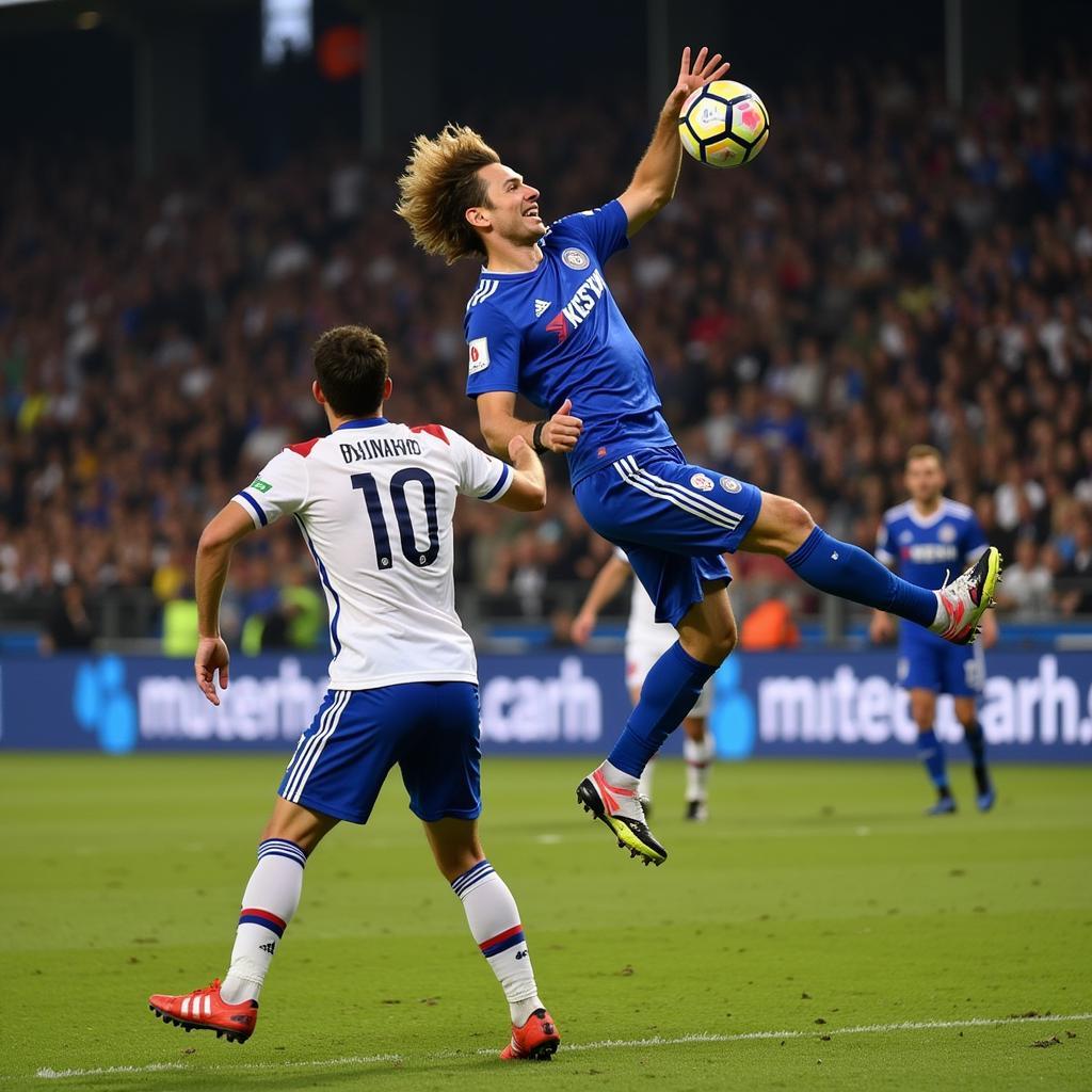 Erling Haaland scores a powerful header in a Bundesliga match.