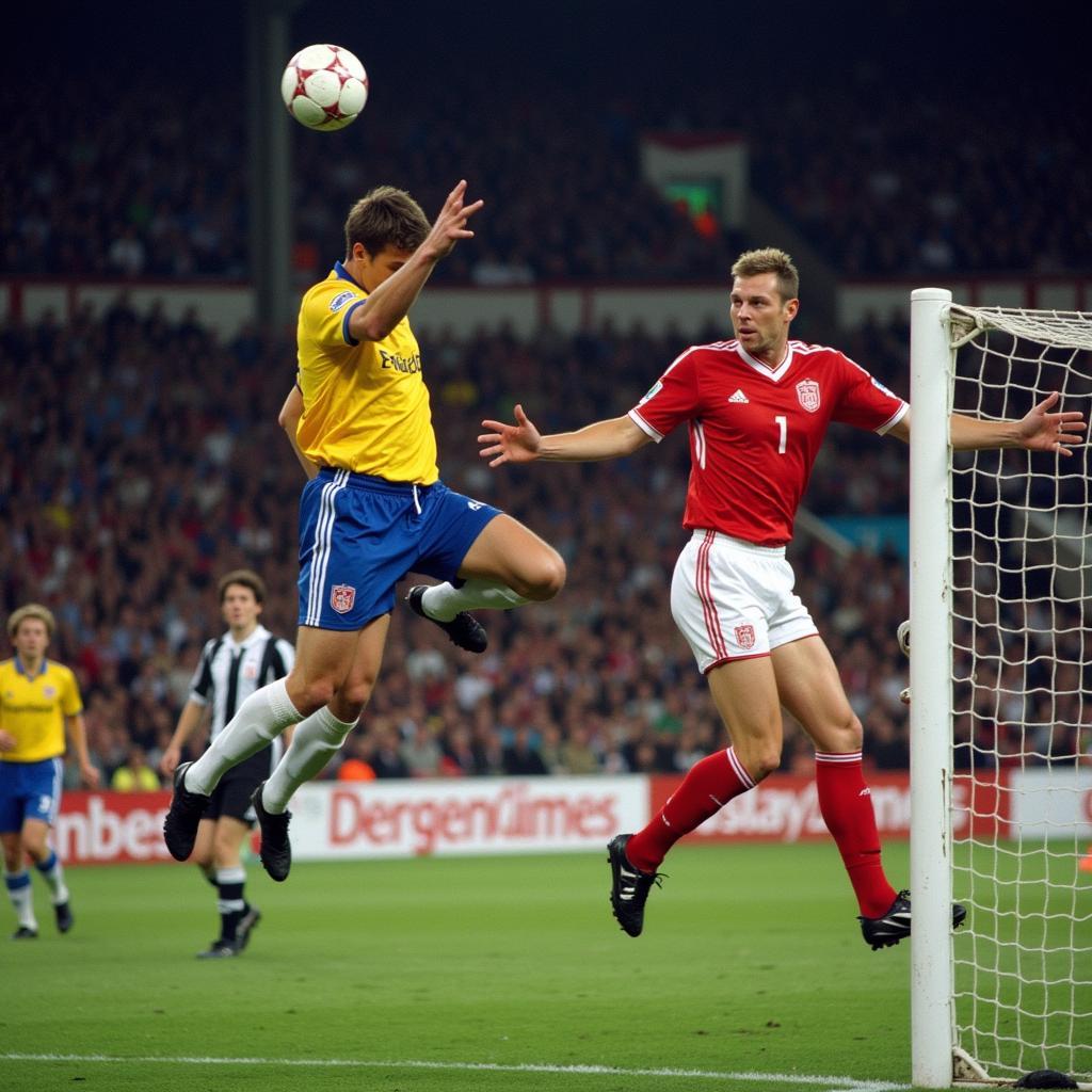 Erling Haaland scores a header in the Champions League