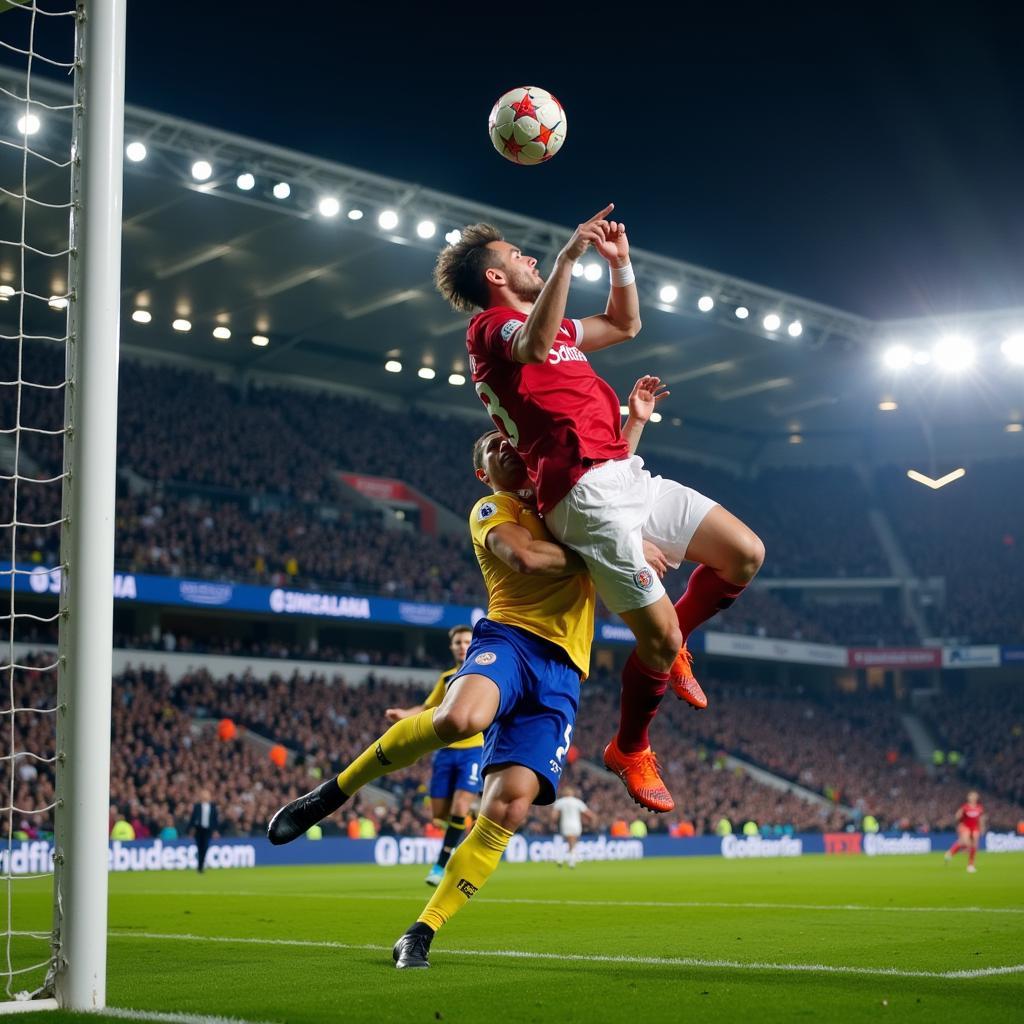 Haaland scoring a header in the Champions League