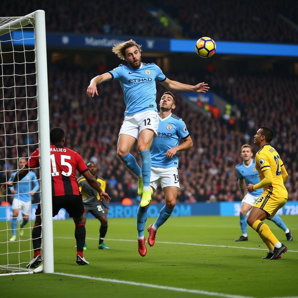 Haaland scoring a header for Manchester City