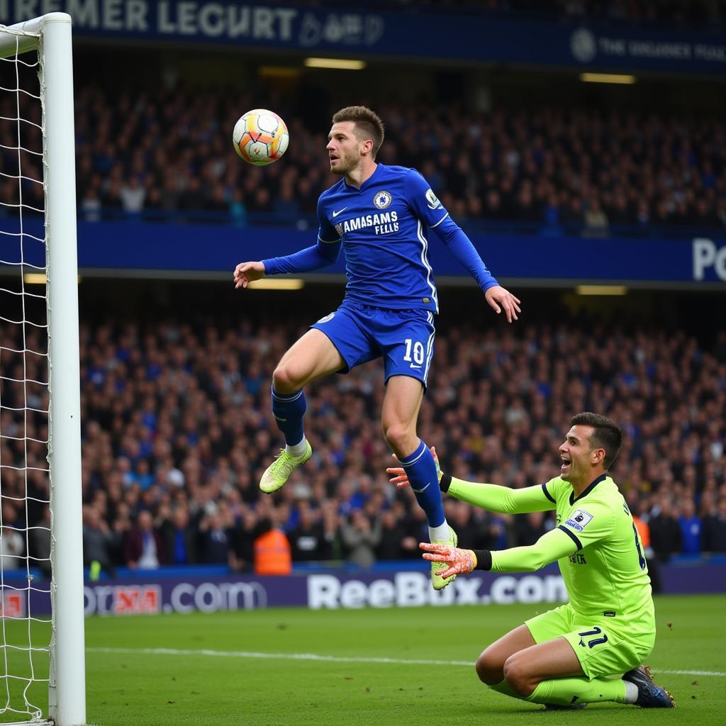 Haaland Scoring a Header in a Premier League Match